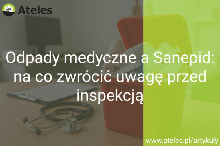 Czerwony pojemnik na odpady medyczne, stetoskop i dokumenty na biurku — miniaturka do frazy "odpady medyczne sanepid"